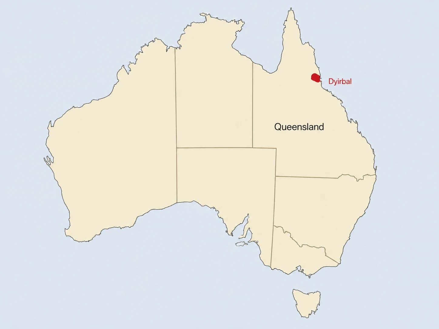 Locator map of Australia, marking the approximate Dyirbal-speaking area in red on the northeast Queensland coast.